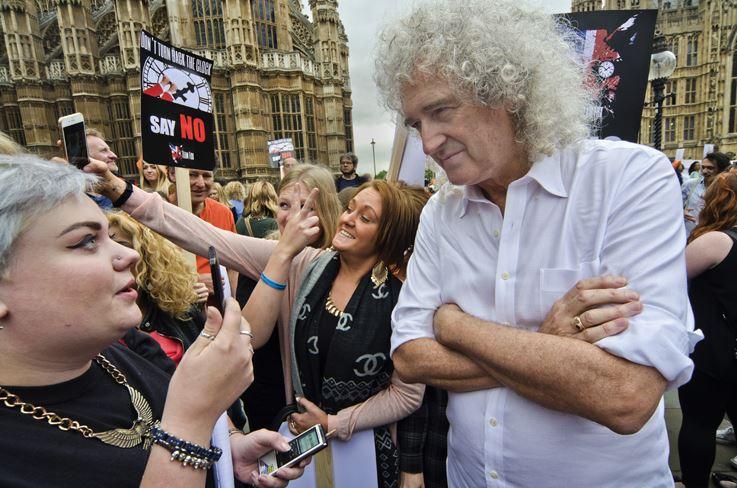 Hier Brian May bei einer Anti-Jagd-Demo in London zu sehen. 
